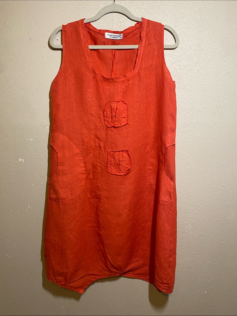 Bold Dark Coral Sleeveless Linen Tunic with Patch Accents